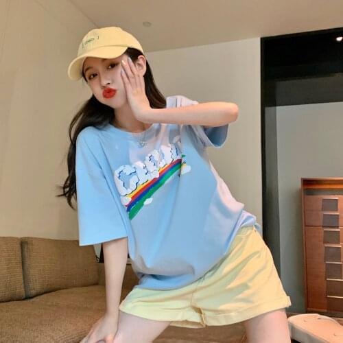 2020 summer new loose rainbow letter bubble craft printing round neck T-shirt womens short-sleeved top trend
