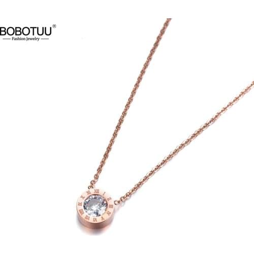BOBOTUU Classic Round 2Ct Cubic Zirconia Pendant Necklace Jewelry Titanium Steel Chokers Necklace For Valentines Day BN18004