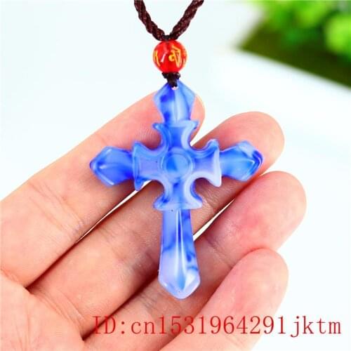 Jade Cross Pendant Necklace Natural Charm Amulet Fashion Carved Jadeite Women Chinese Jewelry Blue white for Hand Men Gifts