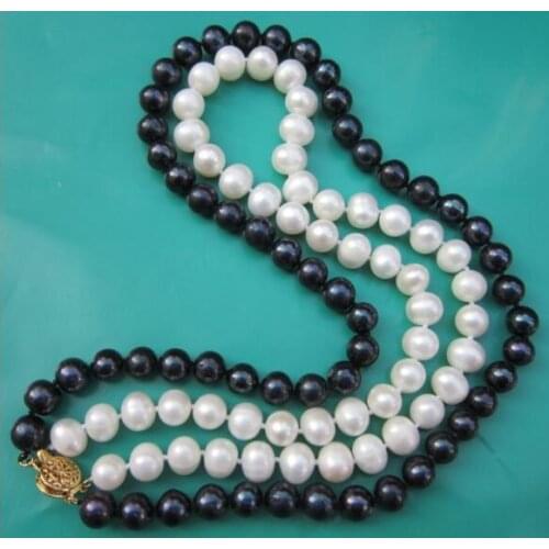 2 Rows necklace 7-8mm black white pearl gold clasp Woman Jewelry real freshwater pearl Classic gift 17-18'' 43-45cm