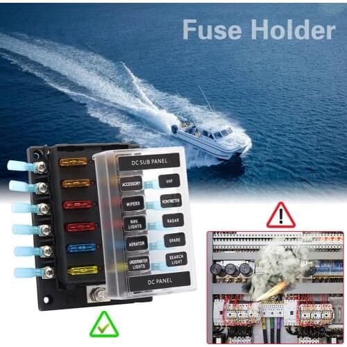 Plastic Cover Fuse Box Holder 12-32V 12-Way Fuse Block Holder with 16 Blade Fuses14 Heat Shrink Tube Wire Lug