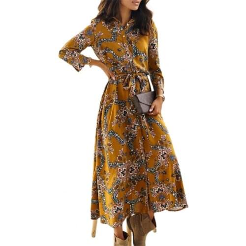 Shirt Dress Polka Dots/Floral Print Long Sleeve Spring Women Single-breasted Belt Maxi Dress for Party Long Sleeve Shirt Dress