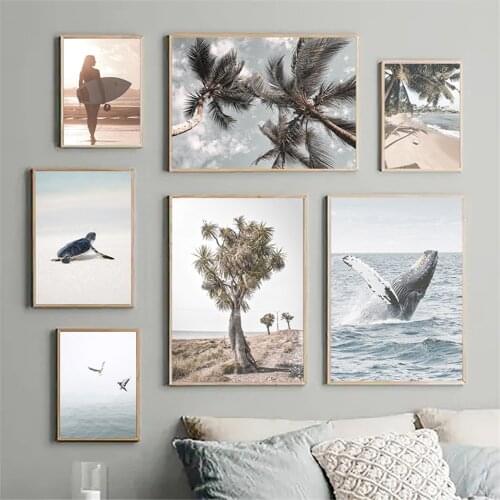 Sea Whale Birds Nordic Poster Beach Coconut Tree Canvas Print Painting Surf Woman Posters Landscape Wall Art Pictures Home Decor