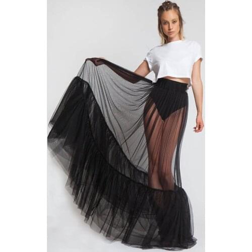 Sexy Black See Thru Long Tulle Skirts Women Ruffles Bottom Boho Beach A-line Tutu Skirt Custom Made Skirt Female 2020