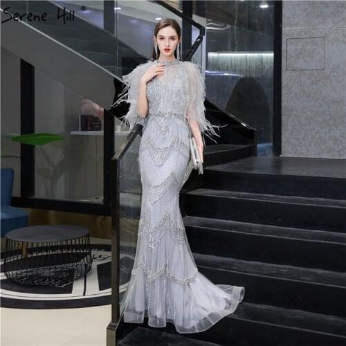 Silver Mermaid Long Gown For Women Party Sexy Evening Dresses 2020 Feathers cape Shawl Yarn dress Serene Hill LA70575