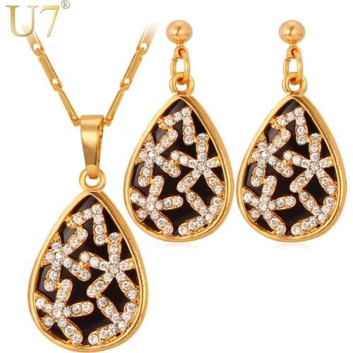 U7 Unique Black Glaze Necklace Set Gold Color Rhinestone Water Drop Necklace Earrings Jewelry Set For Women S552