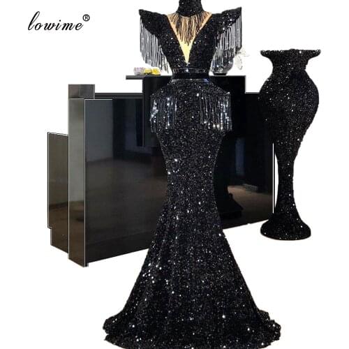 Special Glitter Black Sequins Prom Dresses Long Dubai Formal Evening Dresses Turkish Celebrity Gowns Red Carpet Runaway Vestidos