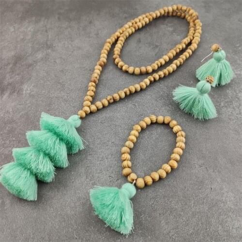 Vintage Bohemian Tassels Long Chain Beads Necklace Handmade Wood Ethnic Tassel Pendant Necklace For Women Fashion Jewelry
