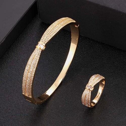 Zlxgirl women classic mirco paved copper wedding bangle with ring 2pcs jewelry sets high Duab Gold color bridal bracelet anel