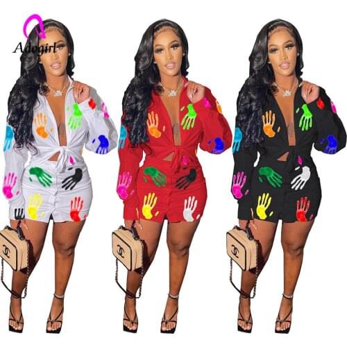 Printed Women Skirts Set Button Up Long Sleeve Shirts + Bodycon Skirts Matching Outfits Sexy Night Club Party Bow Tie Tracksuit