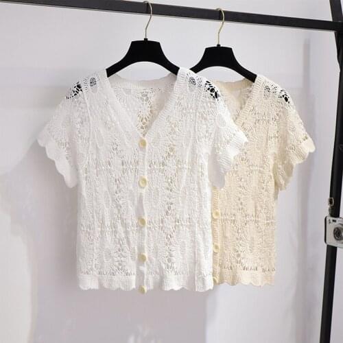 Ice Silk Thin Cardigans Women 2021 Summer Knitted V-neck short Sleeve Sweaters Knit Sweater Women Cardigan Femme White