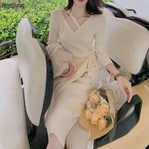 Vestido de camisola de inverno feminino designer com decote em v vestido de escritório midi manga longa laço-up francês festa de