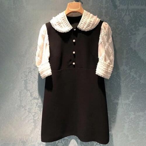 2021 Autumn Chic womens vintage black High quality peter pant collar puff sleeve dress C076