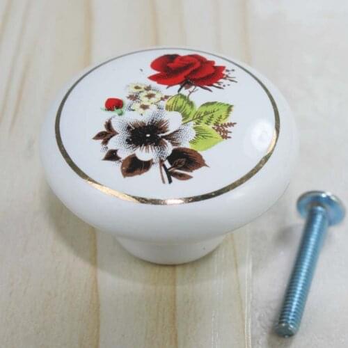 38mm Fashion pastorale ceramic furniture knobs white red gold porcelain drawer cabinet dresser cupboard knobs pulls handles