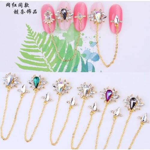 5pcs/lot Double-Head AB-Color Metal Nail STUD Crystals Decals Gold Chain Trinkets Art Pendants DIY Nail Strass Rhinestones JE314