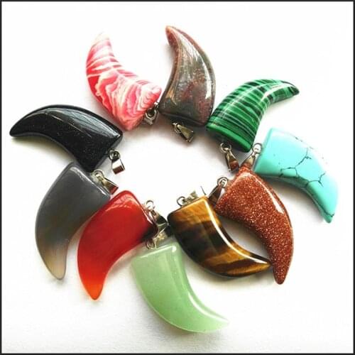 5PCS fashion jewelry pendants nature stone horn shape size 13x24mm tiger eye green malachite carnelian adventurine