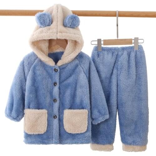 Children Pajamas Set Winter Thick 2021 New Flannel Hooded Long sleeve Pant 2pcs/Suit Pocket Homewear Baby Boy Girl Kids Clothes