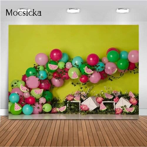 Photography Backdrop Newborn Kids Cake Smash Birthday Photo Booth Background Studio Watermelon Theme Party Balloons Photocall