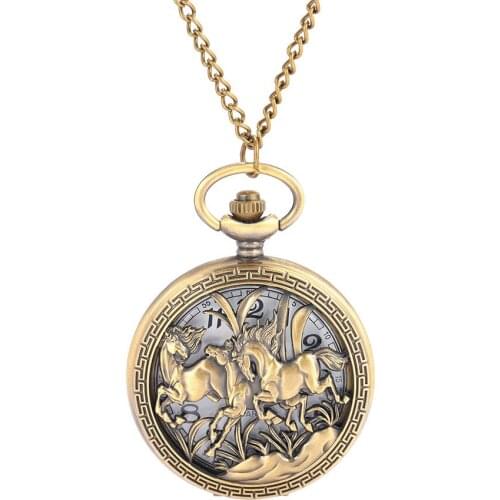 8838 Two horses horse racing pattern carved hollow personality exquisite gift white face Roman lettering large flip pocket watch