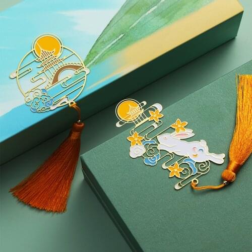 Kawaii Mid-autumn Rabbit Bookmark Cute Tassel Brass Pendant Exquisite Book Mark Page Folder Office School Supplies Stationery