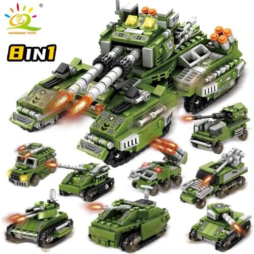 HUIQIBAO 992pcs 8in1 Military Tank Model Building Block WW2 Truck with 8 Soldier Figures Army Weapon Car Bricks Toy For Children