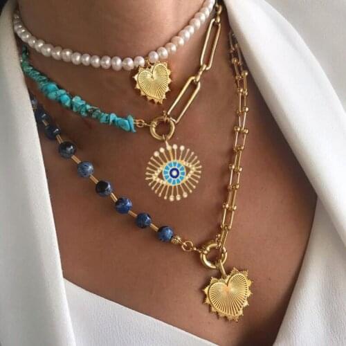 Creative ladies ethnic short Multi-layer Tasarım Barok İnci Sonsuzluk Kolye evil eye metal heart pendant charm necklace jewelry