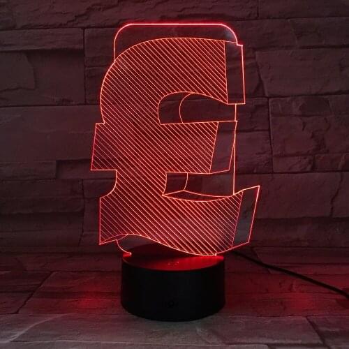 UK Pound Symbol 3d led Lamp Indoor Usb 3d Light Color Changeable Lampara Office Decor Led Night Lamp For Friend Business Gift