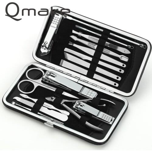 QMAKE 16PCS Manicure set Stainless steel Nail Tools Professional cutter scrissor with travel case kit