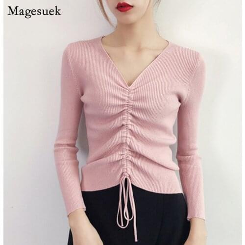 Autumn Winter Knitted Sweater Women Pullover Drawstring V-Neck Jumper Women Sweater Casual Knitwear Woman Sweaters 5217 50