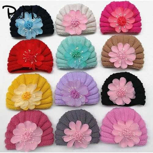 Powmuco 1 PCS Autumn and Winter Soft Warm Knitting Wool Caps Fashion Handmade Sun Flowers Baby Beanie Hats Kids Hair Accessories