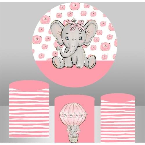 Pink baby elephant shower Backdrop round background kids birthday Party decoration table/column/cylinder Covers YY-643