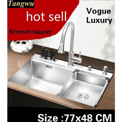 Free shipping Kitchen manual sink single trough stretch faucet 304 stainless steel push-button drainer hot sell 770x480 MM
