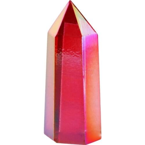 TUMBEELLUWA Red Titanium Coated Crystal Prism Wand Point Healing Reiki Stone Figurine Specimen