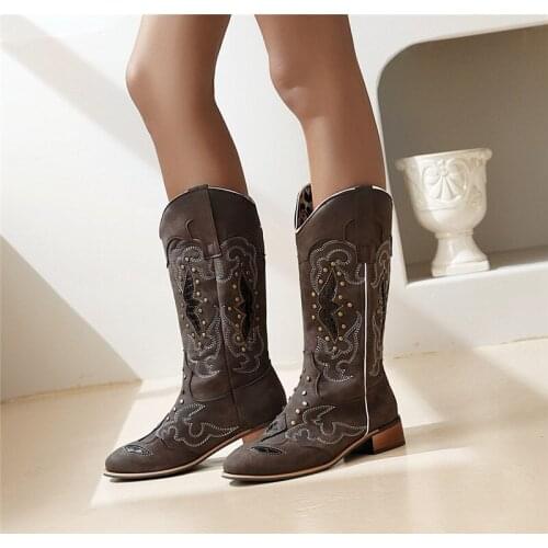YMECHIC 2020 Winter Mid Long Cowboy Boots for Women Chunky Heels Embroidery Brown Western Boots Cowgirl Boots Female Shoes 35-45