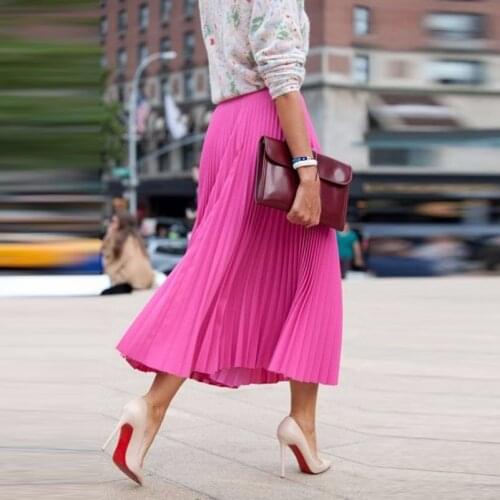 OL Style Elegant Skirts Long Hot Pink Skirt ropa mujer Custom Ankle Length Pleated Skirt Chiffon Fuchsia