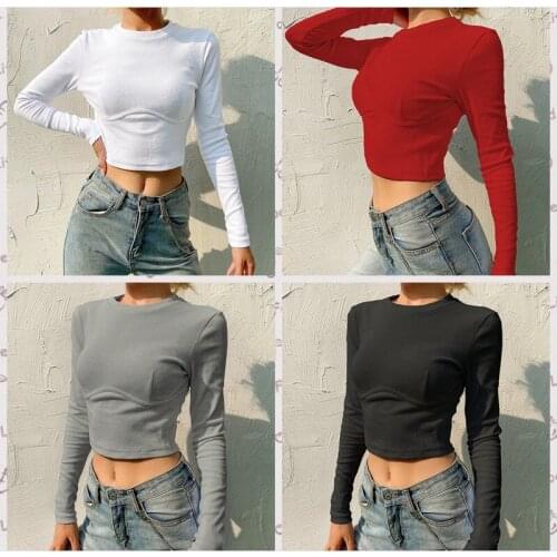 Womens Long-sleeved T-shirt, Bust-shaped, Slim-fit, Top, Street Round Neck, Pullover, Navel, European and American Fashion 2021