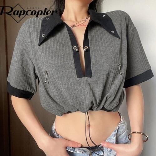 Rapcopter Y2K Metal Patchwork Crop Top Summer Short Sleeve Tshirt Turn Down Collar Pullovers Casual Women Streetwear Harajuku