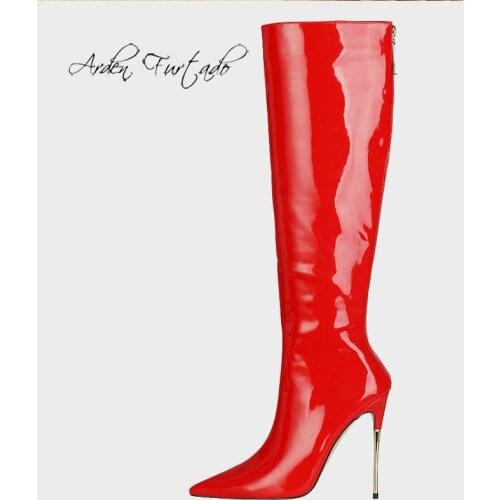 Arden Furtado spring autumn Winter Zipper Boots Shoes Red Yellow Blue Elegant Knee High Boots metal heel Stilettos Dancing Shoes