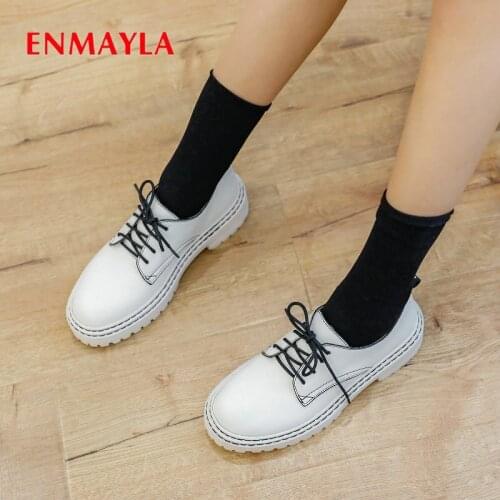 ENMAYLA 2020 Womens Shoes Casual Lace-Up Genuine Leather Women High Heels Basic Platform Heels Retro Ladies Shoes High Heels