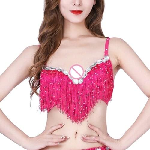 Womens glitter sequins tassel sling crop top sexy Latin belly dancer R7RF
