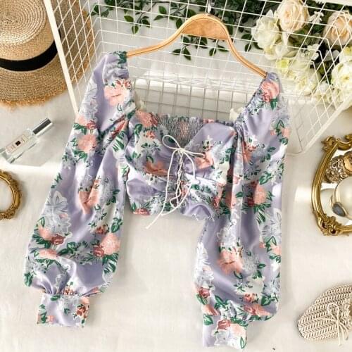 Women Retro Court Square Collar Stretch Slim Long Bubble Sleeve Short Crop Tops Lady Sweet Printed Blouse Shirts G1311