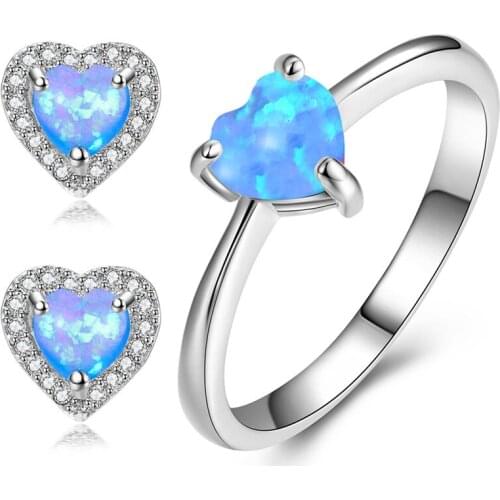 Boho Female Heart Ring Earrings Jewelry Set Fashion Blue Fire Opal Ring Stud Earrings Bridal Jewelry Sets For Women