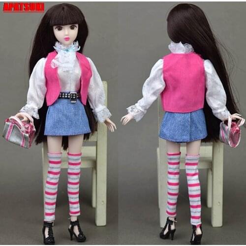 1Set White Shirt Vest Tops Handbag Short Skirts Long Stocking Shoes Clothes for BJD Dolls Outfits Clothes Dollhouse Accessories