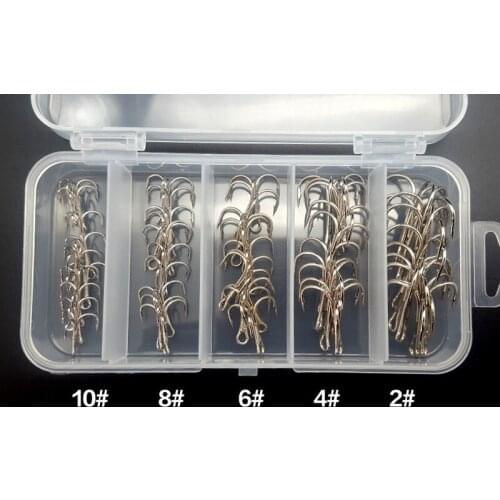 50pcs/lot Treble Fishing Hook In Storage Box Sharpened Treble Hook Size 2/4/6/8/10 Barbed Fishhook Silver/Black Color X235