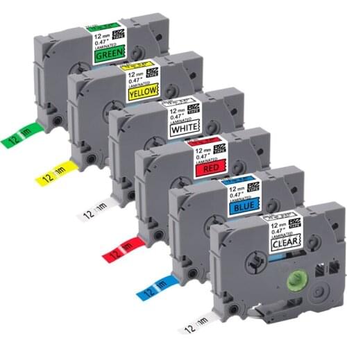 6PCS 12Mm TZe131 TZe231 TZe431 TZe531 TZe631 TZe731 Lableing Tapes for Brother P-Press PT-D210 PT-H110 PT-D600 Printers