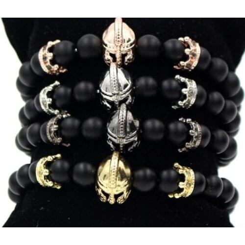 8mm zxtg2 gold silver micro pave cz zircon cubic zirconia Bracelet elastic adjusted bead helmet Crown agate Onyx Bangles