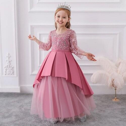 Hollow out Lace Girls Dress Long Bridesmaid Kids Dress For Girls Children Sweet Dress Wedding Party Ball Mesh Dress Teen Vestido