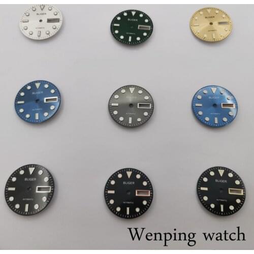 BLIGER New 29mm Steel Green Luminous Sunburst Silver/Gold/Green /Black Watch Dial Face fit NH36A Double Date Window