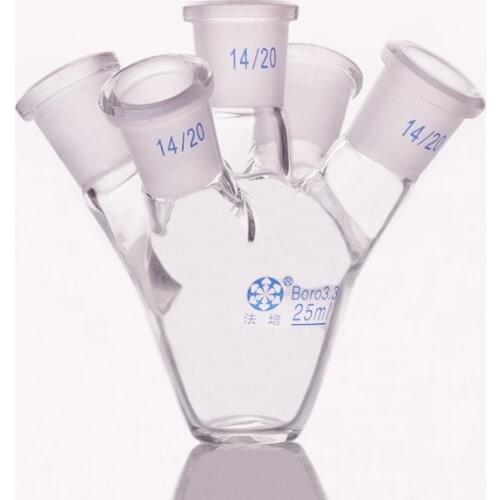Five-necked pear shaped flat bottom flask,Capacity 25ml,Joint 14/20,Heart-shaped flasks,Coarse heart-shaped grinding bottles