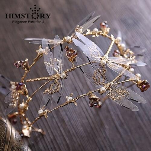Handmade Baroque Gold Hair Crown Three-layer Dragonfly Bridal Hair Accessories New Wedding Tairas Crown Hair Jewelry Hairbands
